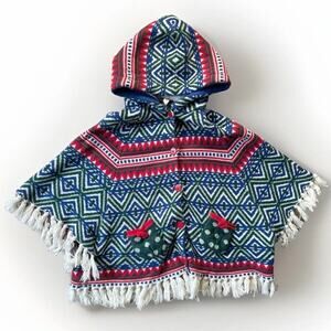MATILDA JANE Hooded Fringe Poncho Boho Fair Isle Knit Cape Big Girl Size 14
